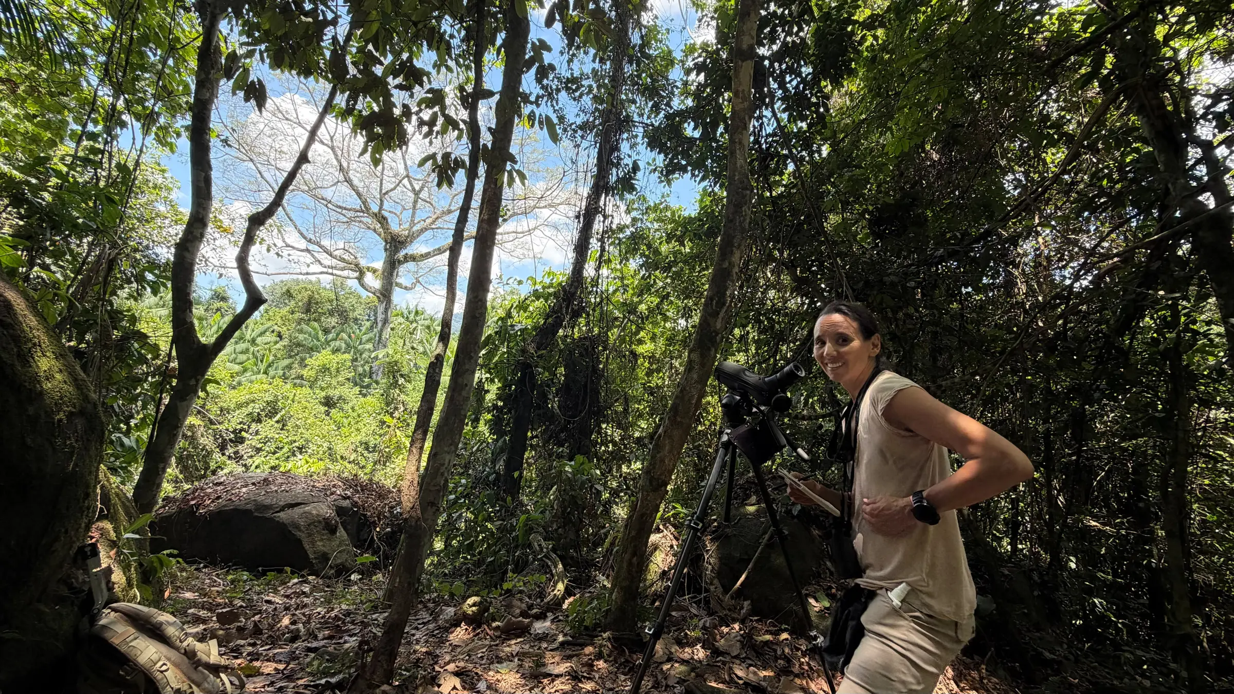 Birder using a spotting scope on a forest trail near Mapari Wilderness Camp, Guyana