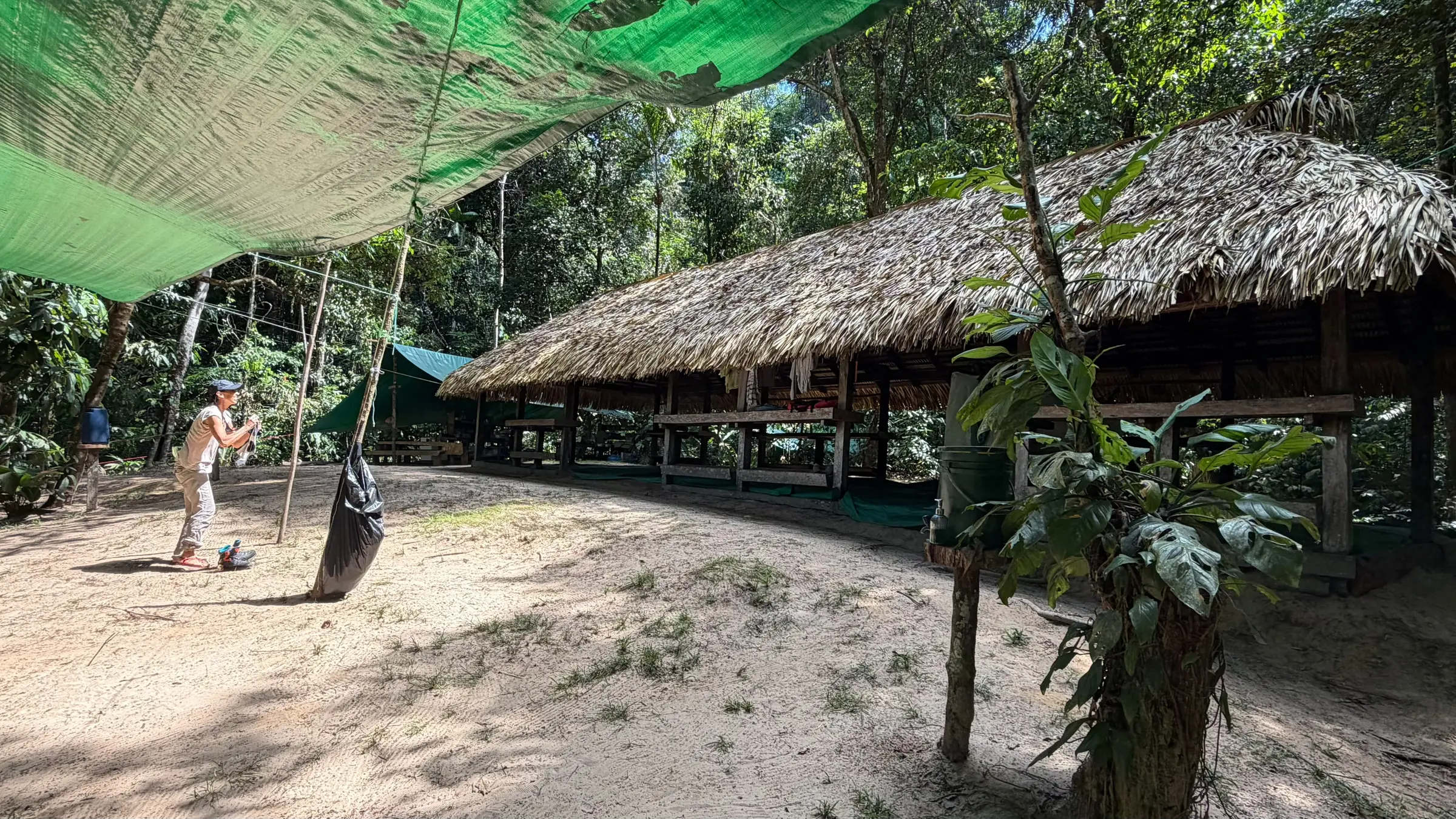 Thatched hammock shelter at Mapari Wilderness Camp in Guyana's Kanuku Mountains